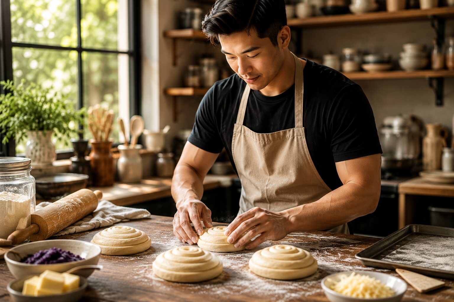 The baker in an apron shaping ensaymada dough on a floured wooden counter in a home kitchen, morning light through the window