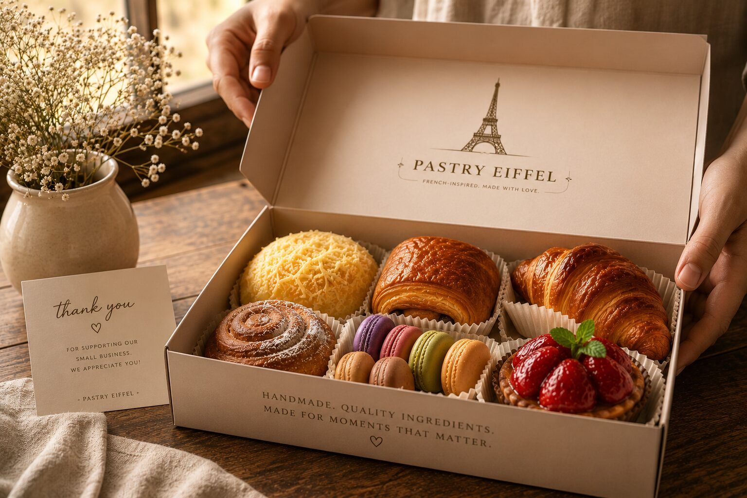 A boxed order of ensaymada, croissants, macarons and a strawberry tart held open toward you, thank-you card alongside