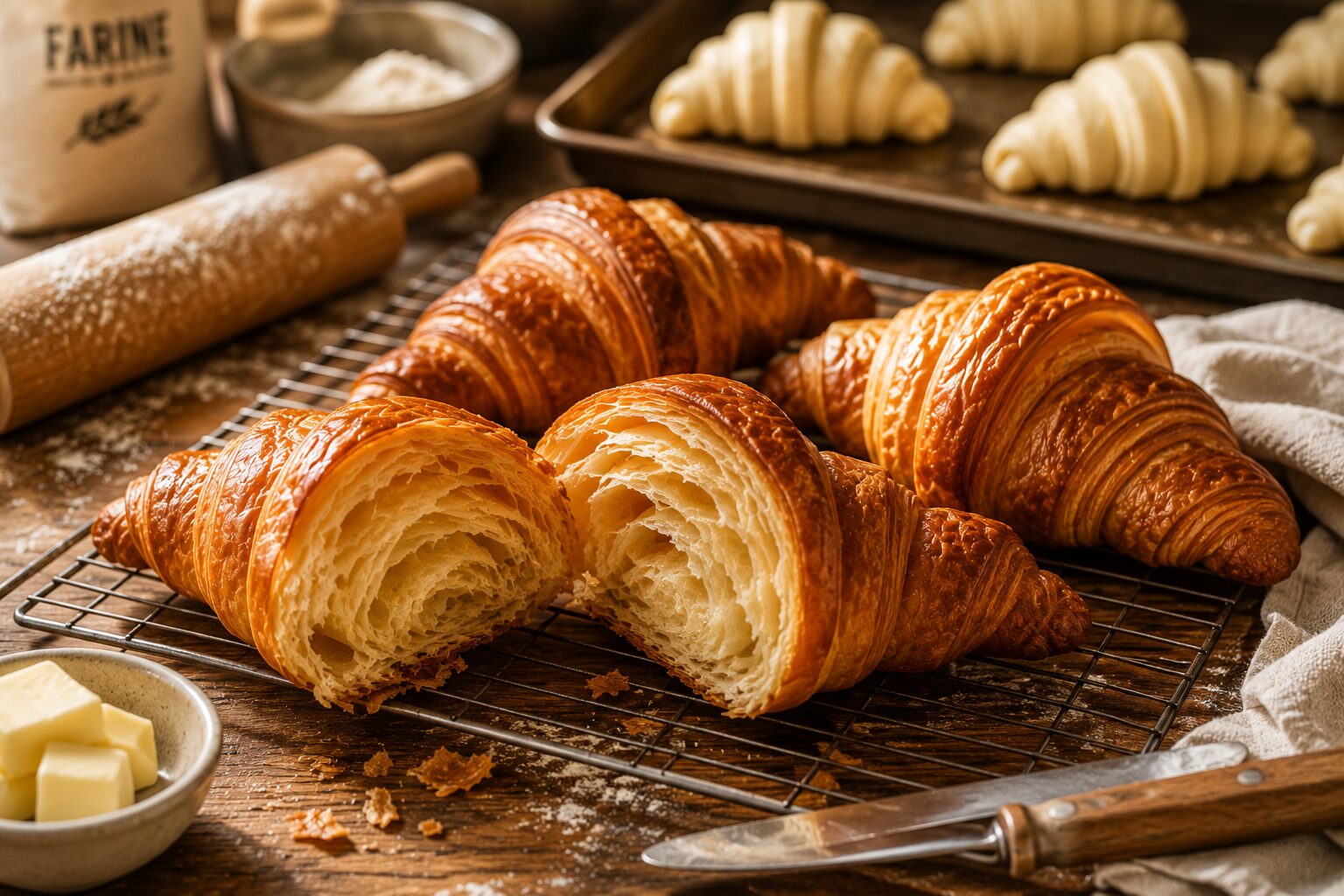 Golden croissants resting on a cooling rack, one torn open to show the honeycomb layers, unbaked ones still on the tray behind