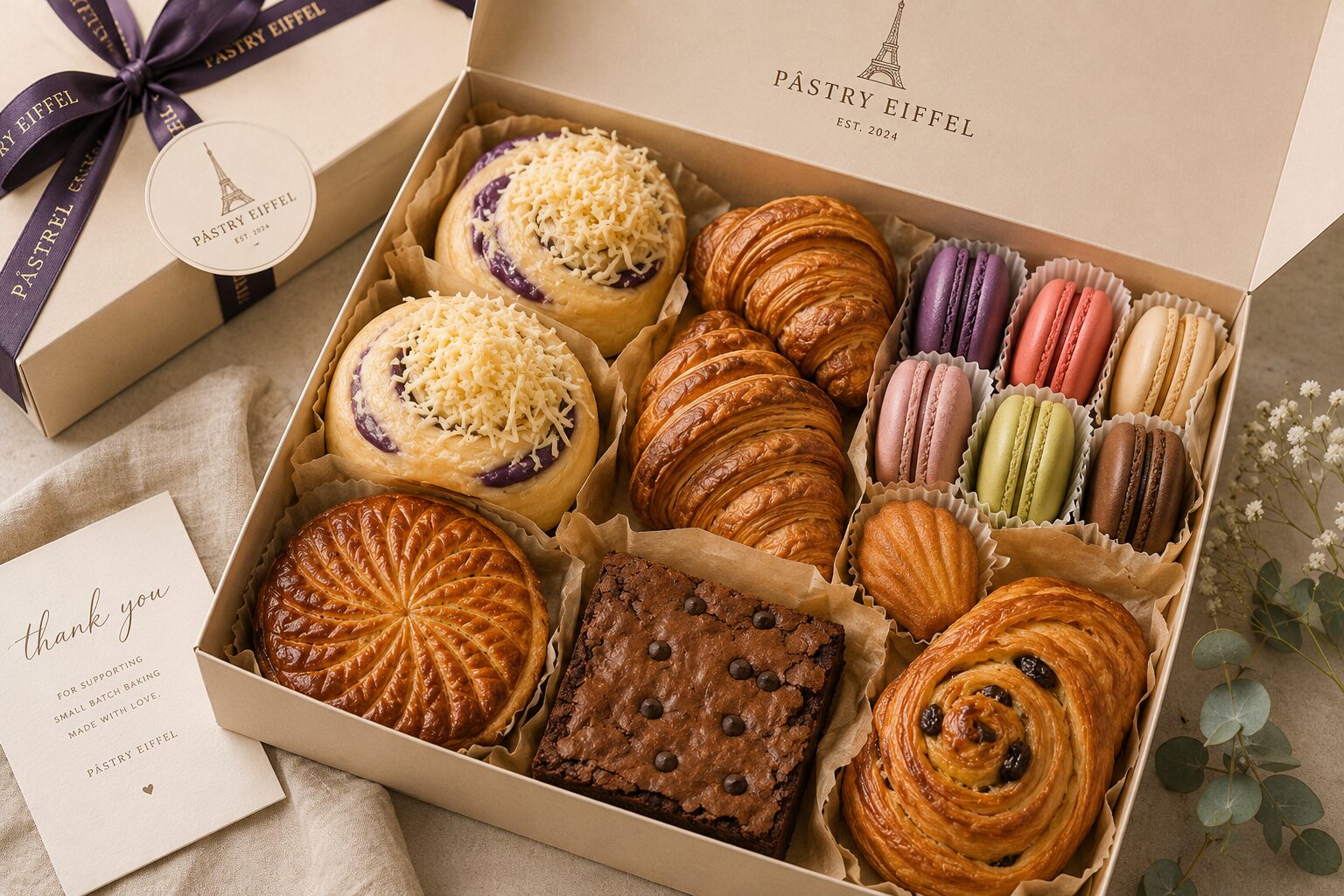 A kraft gift box of ube-cheese ensaymada with croissants, macarons and a galette, tied with a ribbon and a thank-you card