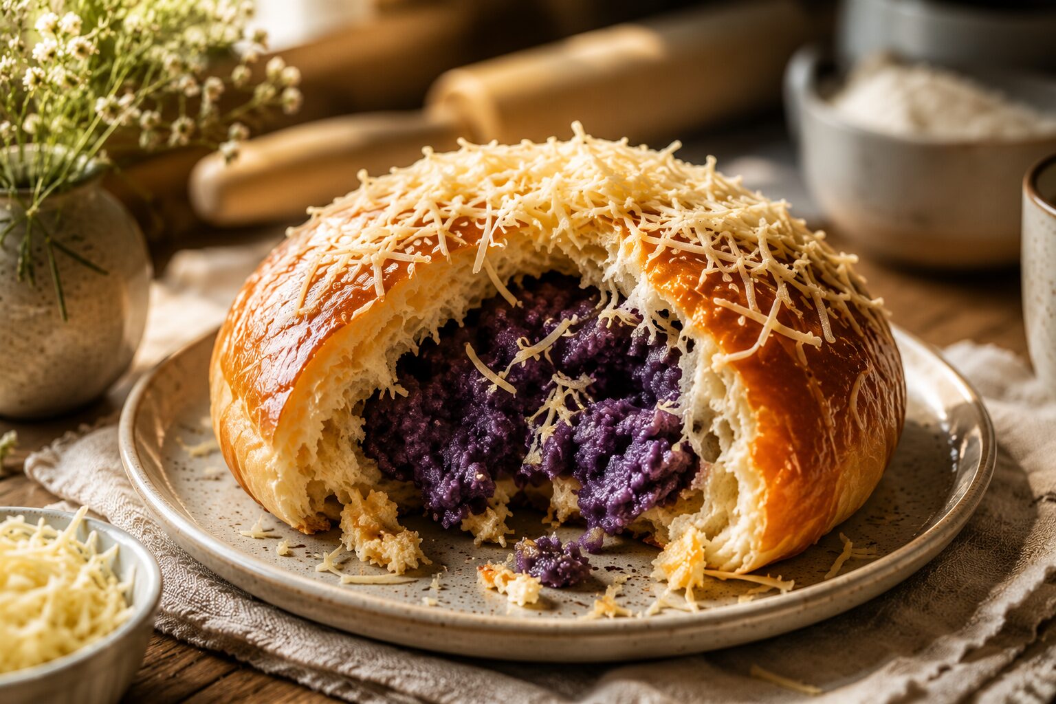 Ube-cheese ensaymada pulled open on a speckled plate, grated cheese crown on top and a deep-purple ube centre spilling out