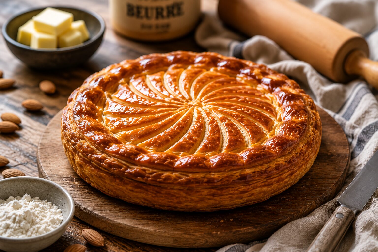 Galette des rois on a wooden board with a hand-scored sunburst spiral and deep golden glaze, almonds and butter alongside