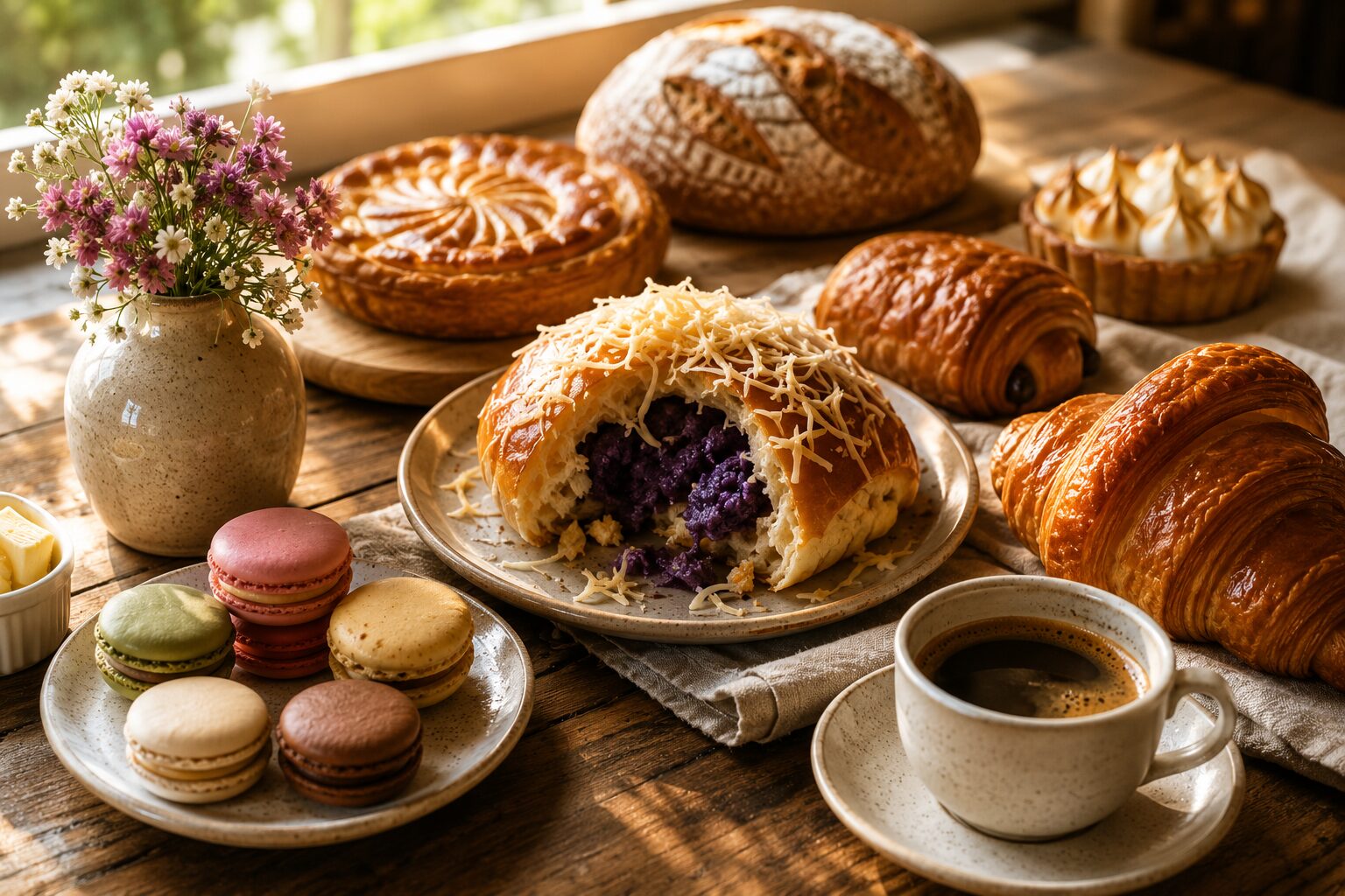 A morning table of Pastry Eiffel bakes in window light — ube-cheese ensaymada pulled open at the centre, croissants, pain au chocolat, galette des rois, a sourdough loaf, macarons and coffee