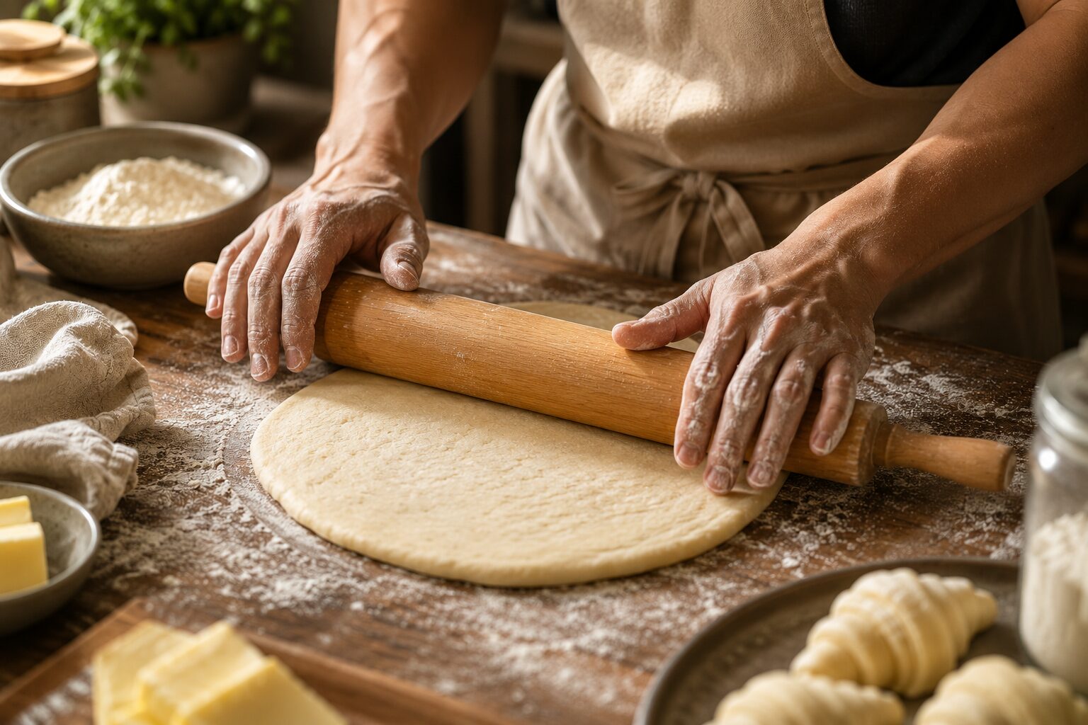 Floured hands rolling out laminated dough with a wooden rolling pin on the kitchen counter
