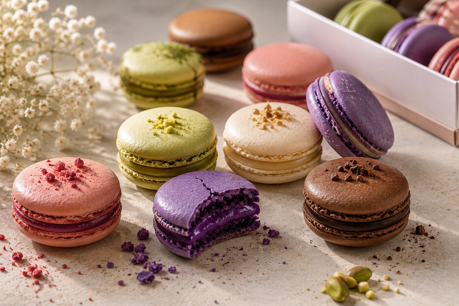 An assortment of French macarons — raspberry, pistachio, salted caramel, ube and chocolate — one broken open to show the filling