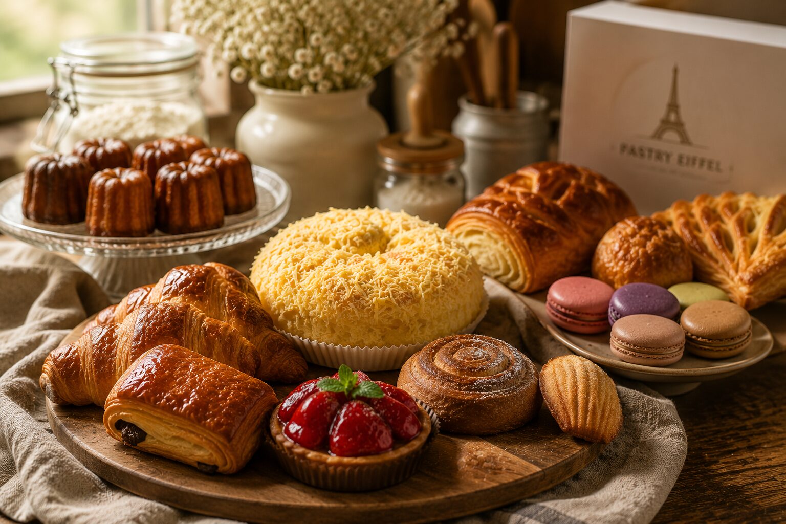 A spread of Pastry Eiffel favorites — canelés, ensaymada, croissants, pain au chocolat, a strawberry tart, cinnamon swirl, madeleines and macarons — beside a branded box