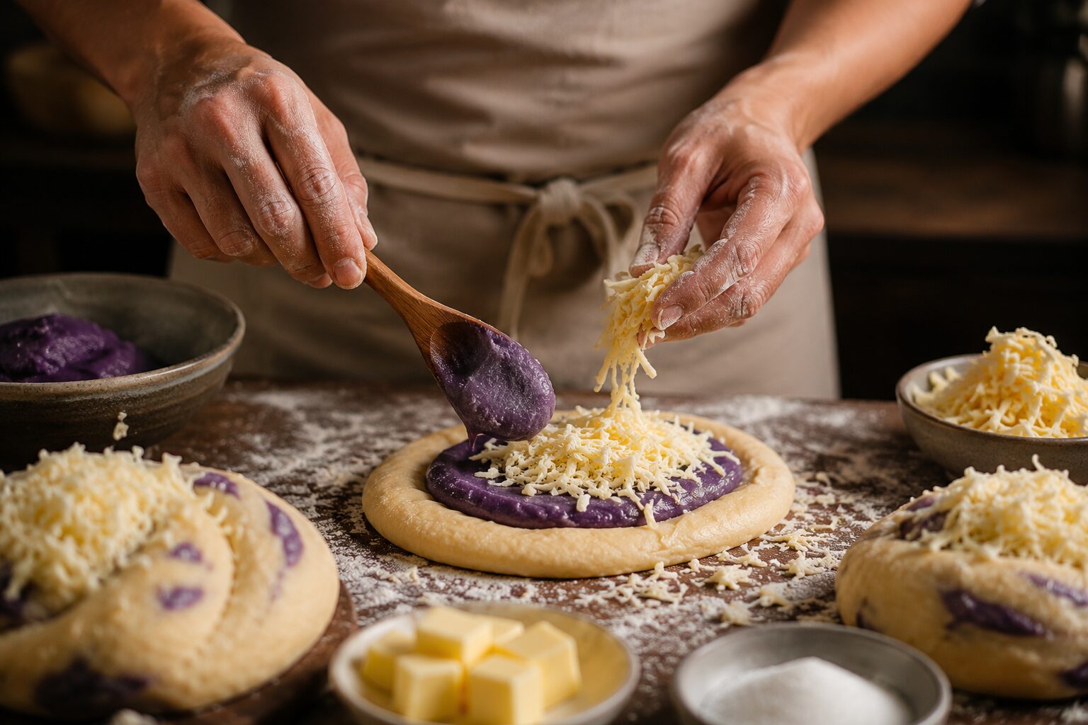 Real ube halaya being spooned onto ensaymada dough and topped with a handful of grated cheese